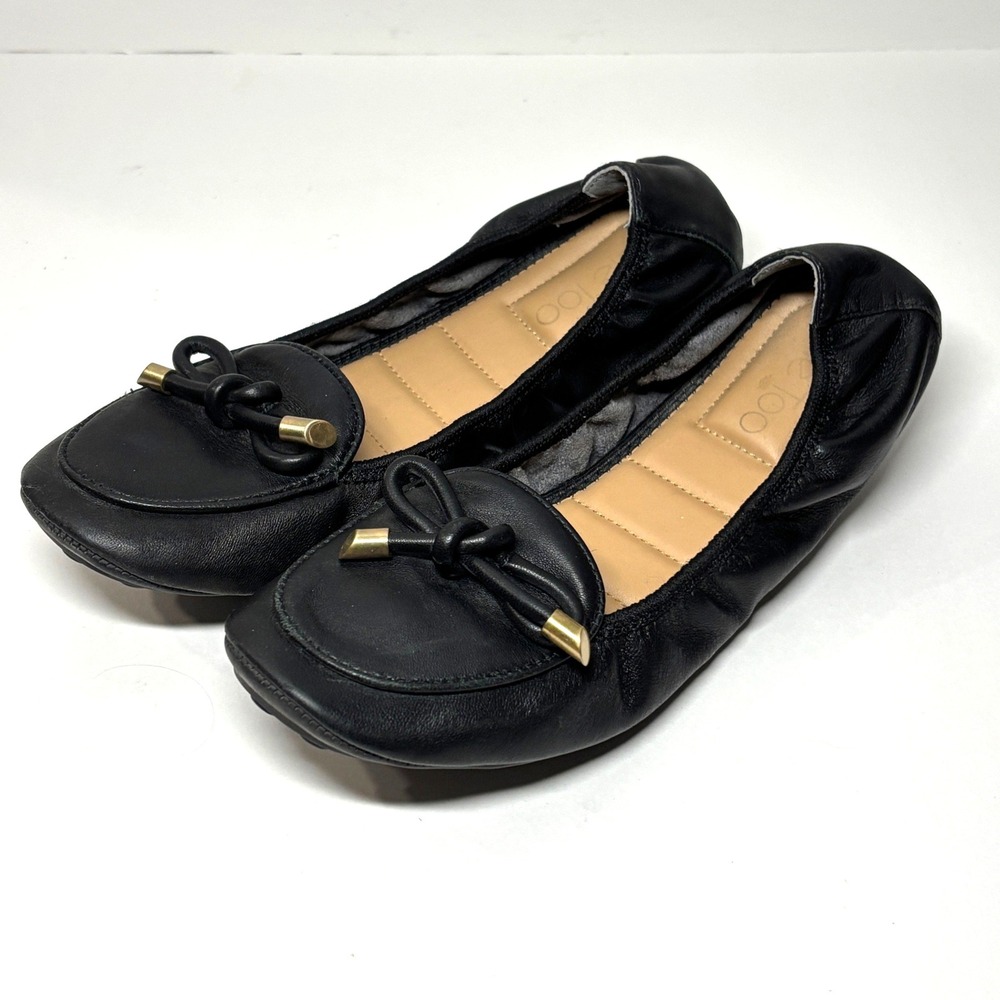 Me Too Leather Ballet Flats Women 8.5 Black Bow Gold Hardware Slip On